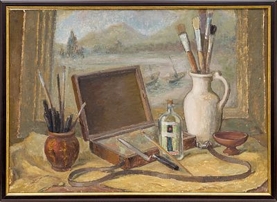 Зозуля Г.С.(1893-1973 гг) - Натюрморт с этюдником. СССР, 1958 год. Картон, масло. 48 Х 70 см. В раме