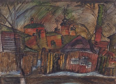 Беззубов Ю.И.(1937 - 2006 гг.) - Зимний вечер. СССР, 1980-е годы. бумага, смеш. техника. 30 Х 37 