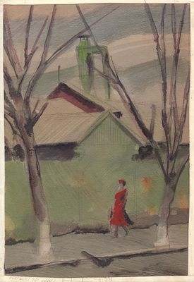 Беззубов Ю.И.(1937 - 2006 гг.) - Девушка в красном около зеленого дома. СССР, 1980-е годы. Бумага 
