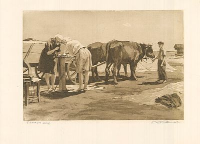 Коваленко Б.А.(1922 г.р.) - У весов. На току. СССР, 1958 год. Бумага, офорт. 37,5 Х 50 см. Подпись 