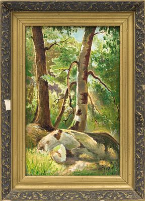 Лес. Лукашин К. (по подписи) 
СССР, 1970-е годы. Холст, масло. 33 Х 22 см. В раме (сколы). На 