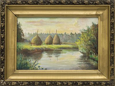 Стога. Лукашин К. (по подписи) 
СССР, сер.-втор. пол. ХХ века. Холст, масло. 23 Х 34 см . В раме