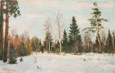 Зимний пейзаж. Лукашин К. (по подписи) 
СССР, 1970-е годы. Холст, масло. 15,5 Х 41 см. Подпись 