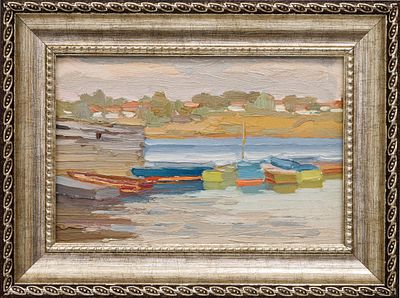 Прибытков Г.И.(1933 - 2013) - Лодки у причала на реке. СССР, 1960 год. Картон, масло. 13 Х 21 см. В 