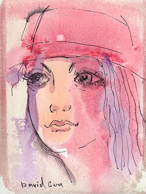 Женский портрет. Давид Бадзагуа 
2019 г. картон, акварель, тушь. 15 Х 11,5 см. Подпись слева внизу.