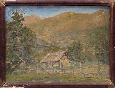 Туров С.С.(1891—1975) - В деревне. СССР, 1940-е годы. Картон, масло. 25 Х 32 см. Подпись справа 