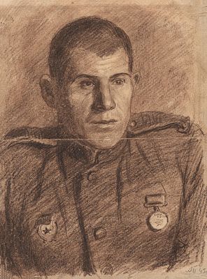 Сержант Егорычев Иван Степанович. Поздняков А. (по подписи) 
СССР, 1943 г. Бумага, сангина. 28 Х 