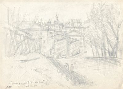 Тукачев Л.Л.(1928-1998 гг) - Рождественский бульвар. СССР, 1980 год. Бумага, карандаш. 29 Х 40 см 