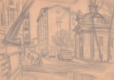 Тукачев Л.Л.(1928-1998 гг) - Московская улица. СССР, 1984 год Бумага, карандаш. 30 Х 42 см. Надрыв 