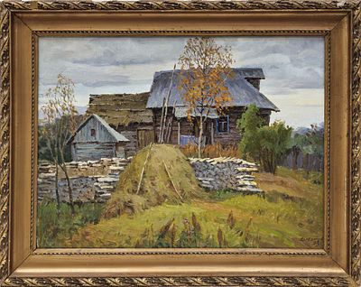 Осенний пейзаж со стогом. Девятов (по подписи) 
Россия, 1993 год. Холст, масло. 47 Х 63 см. 