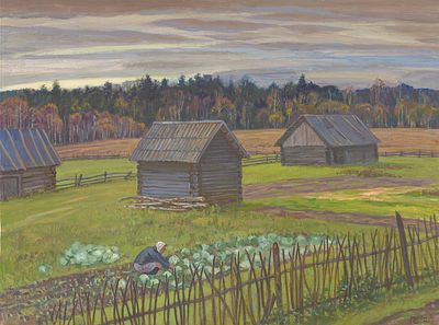 Скворцов Г.Ф.(1934 г.р.) - Деревня Алешково. Россия, 2005 год. Бумага, темпера. 60 Х 80 см Скворцов 