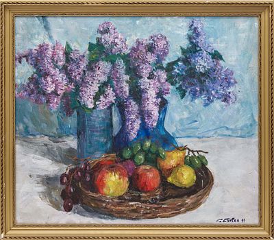 Скубко С.М.(1922–2007 гг) - Сирень и фрукты. 1991 г. Холст, масло. 60 Х 68 см. Подпись и дата 