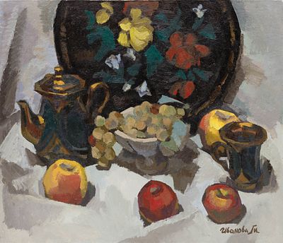 Иванова М.В.(1970 г.р.) - Натюрморт с подносом. Россия, 2006 год. Холст, масло. 60 Х 70 см. Подпись 