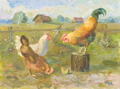 Доронин В.П.(1939 г.р.) - Петух с курами. Россия, 2020-е годы. Холст на картоне, масло. 30 Х 40 см. 