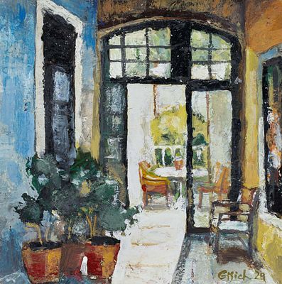 Итальянский ресторан. Игорь Гисич 
2024 год. Картон, акрил. 20 Х 20 см. На обороте набросок 