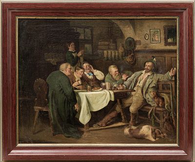 Сцена в кабачке. Bauyer (по подписи) 
Западная Европа, нач. ХХ века. Холст, масло. 54,5 Х 69 см. 