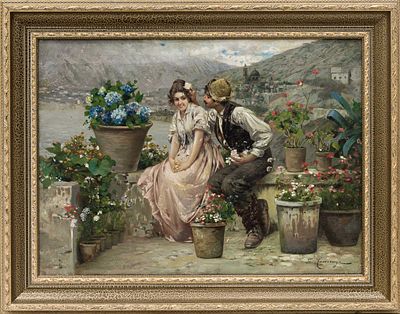 Свидание на террасе. Houssaye (по подписи) 
Западная Европа, нач. ХХ века. Холст, масло. 42,5 Х 