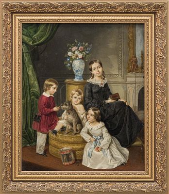 Неизвестный художник - Групповой портрет с детьми в гостиной. Россия (?), перв. пол. XIX в. Картон 