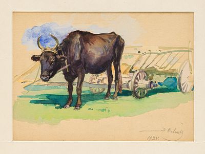 Савицкий Г.К.(1887–1949) - Акварель &laquo;Бык&raquo;. СССР, 1928 год. Бумага, акварель. 21,5 Х 30,4 см (в 