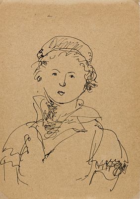 Софронова А.Ф.(1892-1966 гг) - Портрет девушки в головном уборе. СССР, 1930-е годы. Бумага, тушь. 