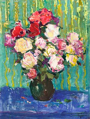 Глущенко Н. П.(1901-1977) - Букет роз. СССР, 1970-е год. Картон, масло. 70 Х 50 см. Глущенко 