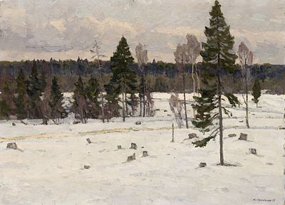 Семенюк Ю. И.(1922 - 2006) - На вырубке. СССР, 1981 год. Оргалит, масло. 41 Х 57 см Семенюк Юрий 