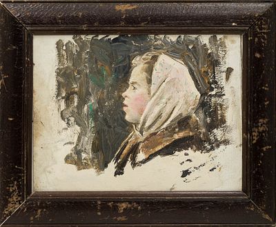 Нечитайло В. К.(1915-1980) - Девочка в платке. СССР, 1960-е годы. Картон, масло. 19,5 26 см. В раме 