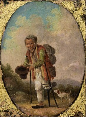 Неизвестный художник - Хромой с собакой. Западная Европа, предпол. XVIII в. Доска, масло. 15 Х 11 см.
