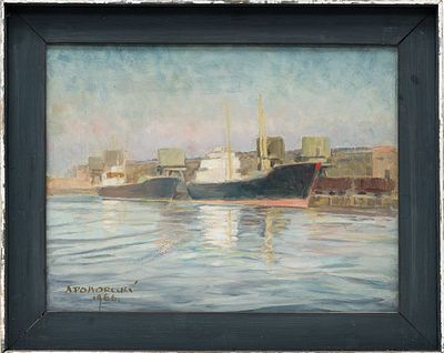 Неизвестный художник - Корабли. Европа, 1966 г. Оргалит, масло. 40 Х 52 см. Подпись (A. Pohorecki 
