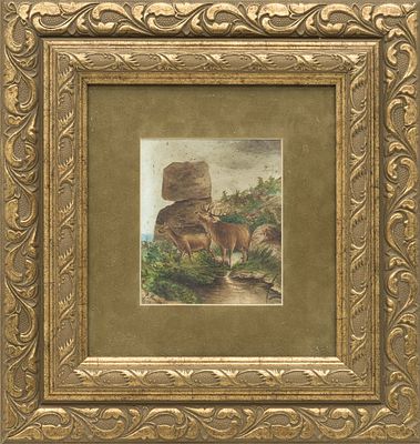 Пейзаж с оленями. Яснатьков Н. (по подписи) 
Россия, 1909 год. Бумага, акварель. 14 Х 12 см (в 