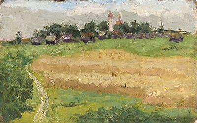 Этюд &laquo;Вид на деревню&raquo;. Петровичев П. (?) 
Россия, 1910-е гг. картон, масло. 18,5 Х 30 см. 