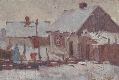 Домик зимой. Янковский Д.Д. (по подписи) 
Россия, нач. ХХ века. Холст (без подрамника), масло. 
