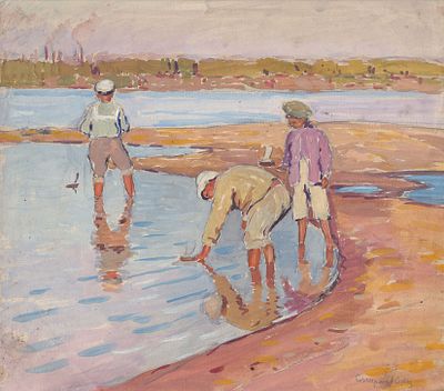 Смирнов Б. В.(1881-1954) - Дети на реке. Россия, 1917 г. Бумага, смеш. техника. 31,5 Х 33,5 см. 