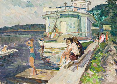 Игнатов Б. А.(1929-2026) - Причал на реке. СССР, 1970-е годы. Картон, масло. 50 Х 69 см. Небольшие 
