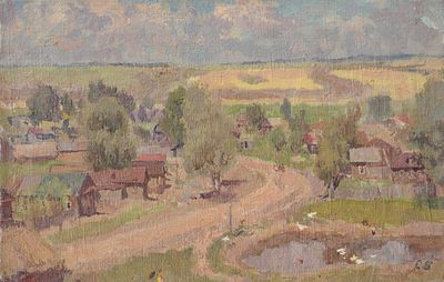 Боим С.С.(1899 - 1978 гг.) - Деревенский пейзаж. СССР, 1938 год. Холст (без подрамника), масло. 25 