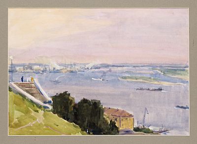 Дородницын В.П.(1908-1984 гг) - Вид на реку. СССР, 1960-е годы. Бумага, акварель. 26,5 Х 37 см (в 