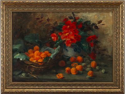 Натюрморт «Цветы и корзинка с абрикосами». C. GoldmanГерманияпервая половина XX векахолст 