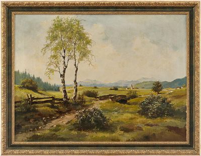 Пейзаж с березками и мостиком. Кагег1900-1910 ггхолст, масло60 см х 80 смНа картине изображён 