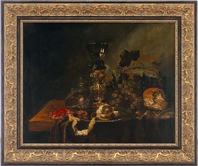 Натюрморт с бокалом, виноградом, лимоном и хлебом. неизвестный европейский художникпервая 