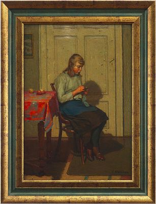 Жанровая F. Klomann Вышивающая девушка Германия 1923 г. 49x34,5 см. F. Klomann1923холст на 