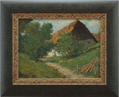 Картина «Дом с хворостяной крышей». J. C. Kittboпервая половина XX векакартон, масло25 см х 34 