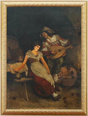 Картина «Серенада в таверне». Francesco VincaФлоренция, ИталияНачало XX векахолст, олеография 