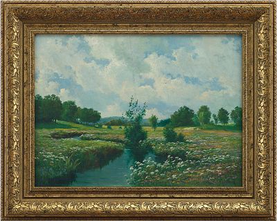 Картина «Тихая речка в цветущих полях». Н. Gundlachпервая половина XX векакартон, масло43 см х 