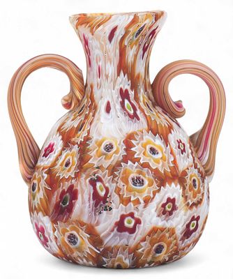 Ваза с ручками из мозаичного стекла Mille f&iacute;ori Мурано ХХ в. Н-9 см. Мураноначало XX векалитьё 