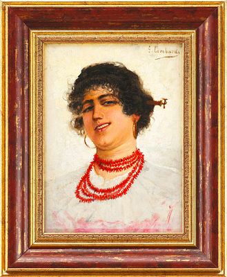 Картина &laquo;Итальянка с бусами&raquo;. Lombardi G.Италия1880-е ггдерево, масло24 см х 17,7 см На картине 