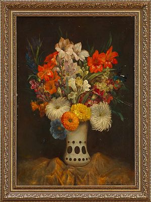 Картина &laquo;Цветы в богемской вазе&raquo;. Brusset J.ФранцияСередина XX векадерево, масло60 см х 42,5 см 