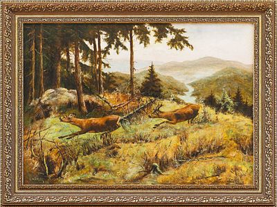 Картина "Гон у косуль". О. NickelЕвропа1958карто, масло40 см х 56 смНа картине изображён 