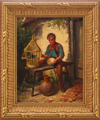 Картина &laquo;Мальчик, кормящий птицу&raquo;. неизв. европейский художникЕвропаКонец XIX векадерево 