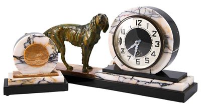 Часы настольные с бронзовой скульптурой собаки. Европа1930-1940-ггмрамор, шлифовка; бронза 