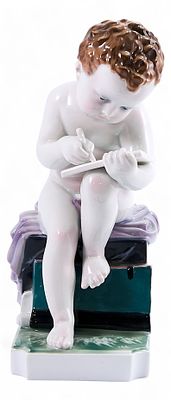 Скульптура Пишущий ребенок фарфор, Карл Энс (Karl Ens) Германия до 1945 г. Н-24 см. Фолькштадт 